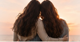 Two sisters standing together at sunset